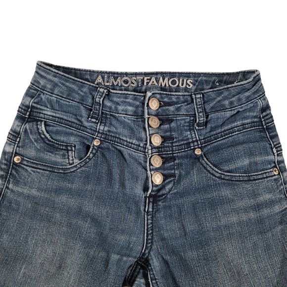 Almost Famous Jeans Women Size 3 Blue Cotton Denim Button Fly 25x30 Distressed - Picture 5 of 12